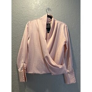 Nasty Gal Blush Pink Satin Drape Plunging Long Sleeve Blouse Shirt Top S